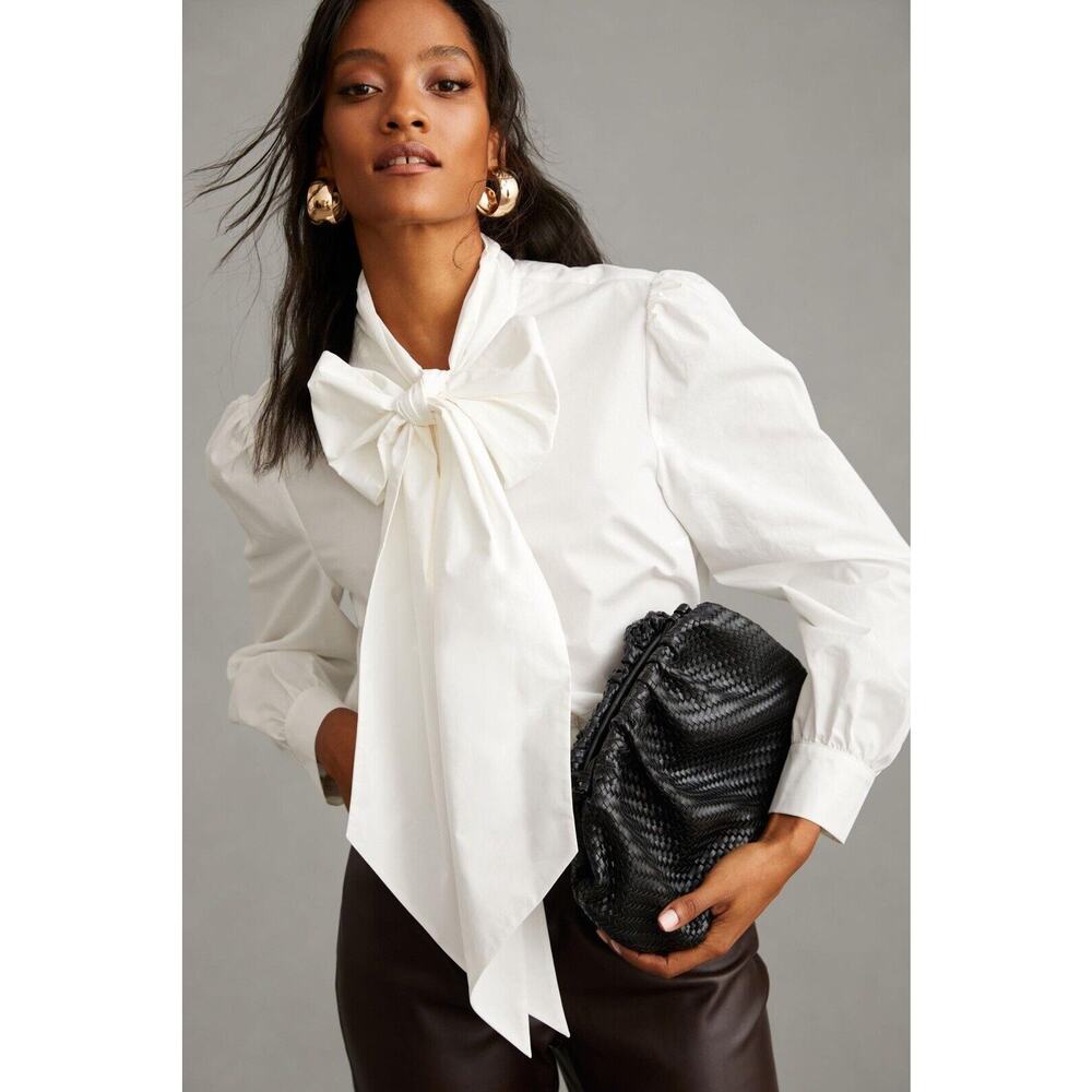Anthropologie White Bow-Tie Puff Sleeve Blouse